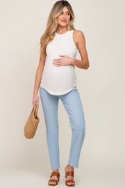 Light Blue Fringe Hem Straight Leg Maternity Jeans