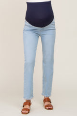 Light Blue Fringe Hem Straight Leg Maternity Jeans