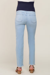 Light Blue Fringe Hem Straight Leg Maternity Jeans