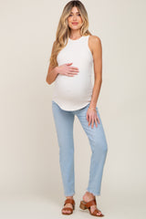 Light Blue Fringe Hem Straight Leg Maternity Jeans