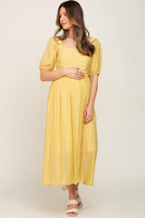 Yellow Striped Puff Sleeve Maternity Midi Dress