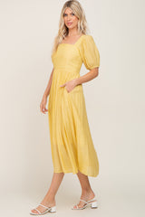 Yellow Striped Puff Sleeve Midi Dress