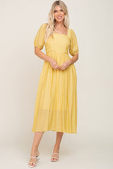 Yellow Striped Puff Sleeve Maternity Midi Dress