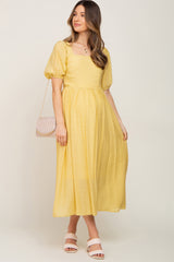 Yellow Striped Puff Sleeve Maternity Midi Dress