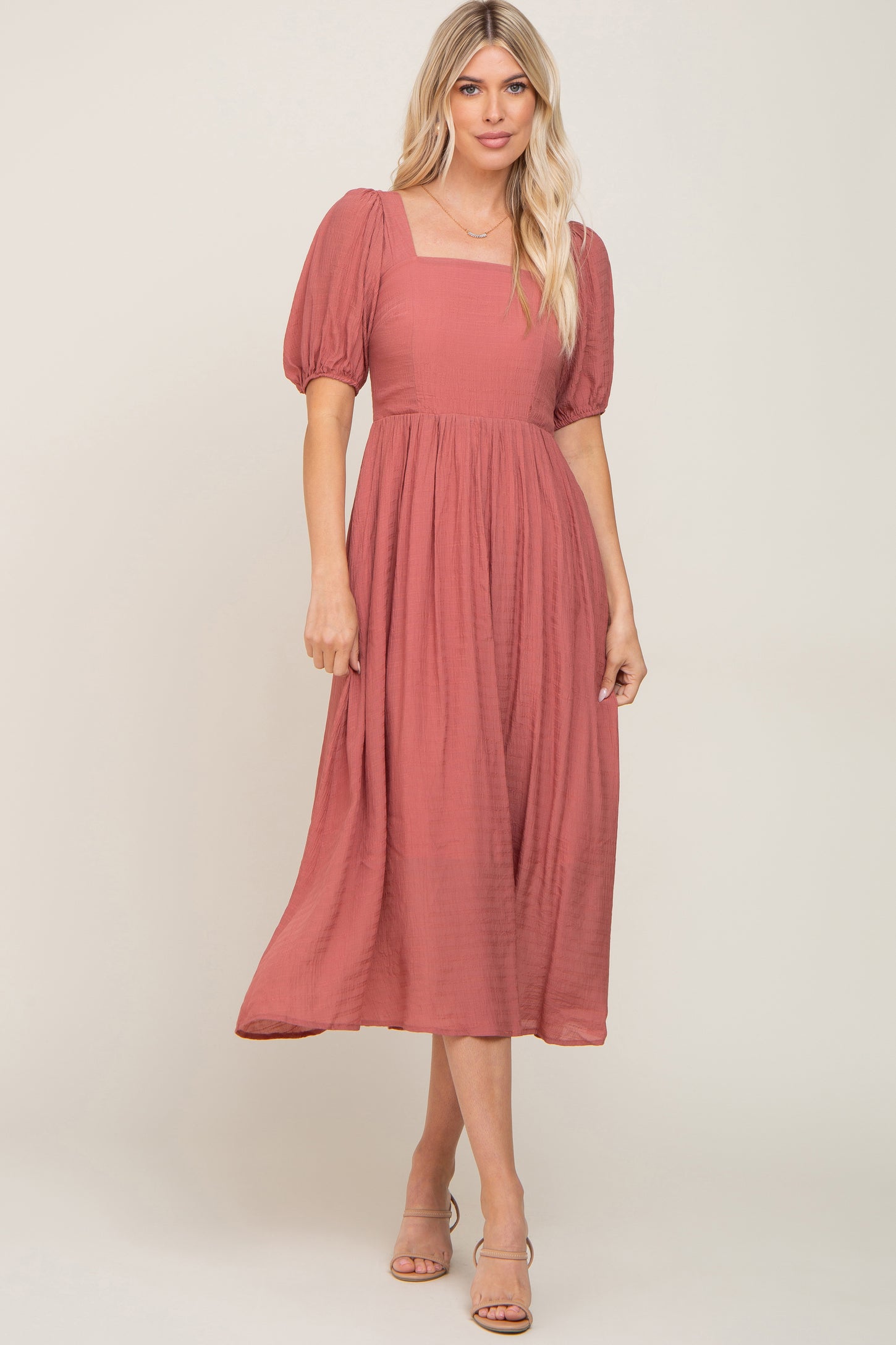 Mauve Striped Puff Sleeve Midi Dress– PinkBlush