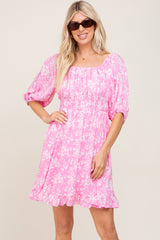 Pink Floral Shirred Puff Sleeve Dress