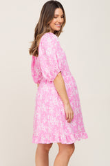 Pink Floral Shirred Puff Sleeve Maternity Dress