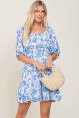 Blue Floral Shirred Puff Sleeve Maternity Dress