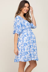 Blue Floral Shirred Puff Sleeve Maternity Dress