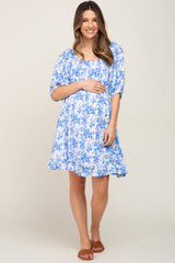 Blue Floral Shirred Puff Sleeve Maternity Dress