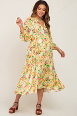 Yellow Floral 3/4 Sleeve Maternity Midi Dress