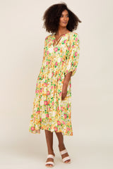 Yellow Floral 3/4 Sleeve Maternity Midi Dress