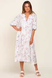 Ivory Floral 3/4 Sleeve Midi Dress