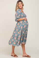 Jade Floral Smocked 3/4 Sleeve Maternity Midi Dress