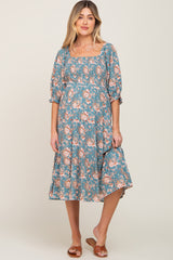 Jade Floral Smocked 3/4 Sleeve Maternity Midi Dress