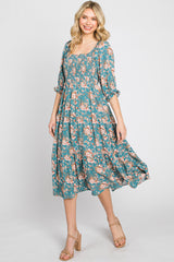 Jade Floral Smocked 3/4 Sleeve Maternity Midi Dress