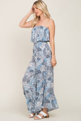 Blue Printed Strapless Ruffle Hem Jumpsuit