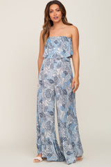 Blue Printed Strapless Ruffle Hem Maternity Jumpsuit