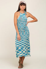 Blue Multicolor Open Knit Halter Midi Dress