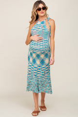 Blue Multicolor Open Knit Halter Maternity Midi Dress