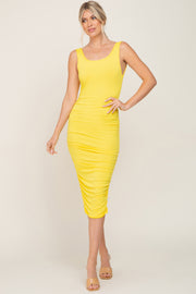 Yellow Ruched V-Back Midi Dress