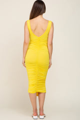 Yellow Ruched V-Back Maternity Midi Dress