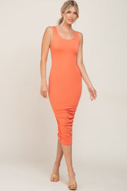 Coral Ruched V-Back Midi Dress