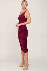 Burgundy Ruched V-Back Midi Dress