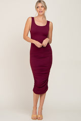 Burgundy Ruched V-Back Midi Dress