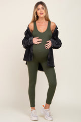 Olive Ribbed Bodycon Maternity Jumpsuit