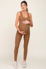 Mocha Ribbed Bodycon Maternity Jumpsuit