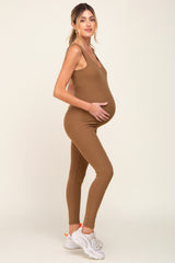 Mocha Ribbed Bodycon Maternity Jumpsuit