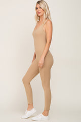 Beige Ribbed Bodycon Jumpsuit