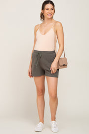 Olive Drawstring Linen Maternity Shorts