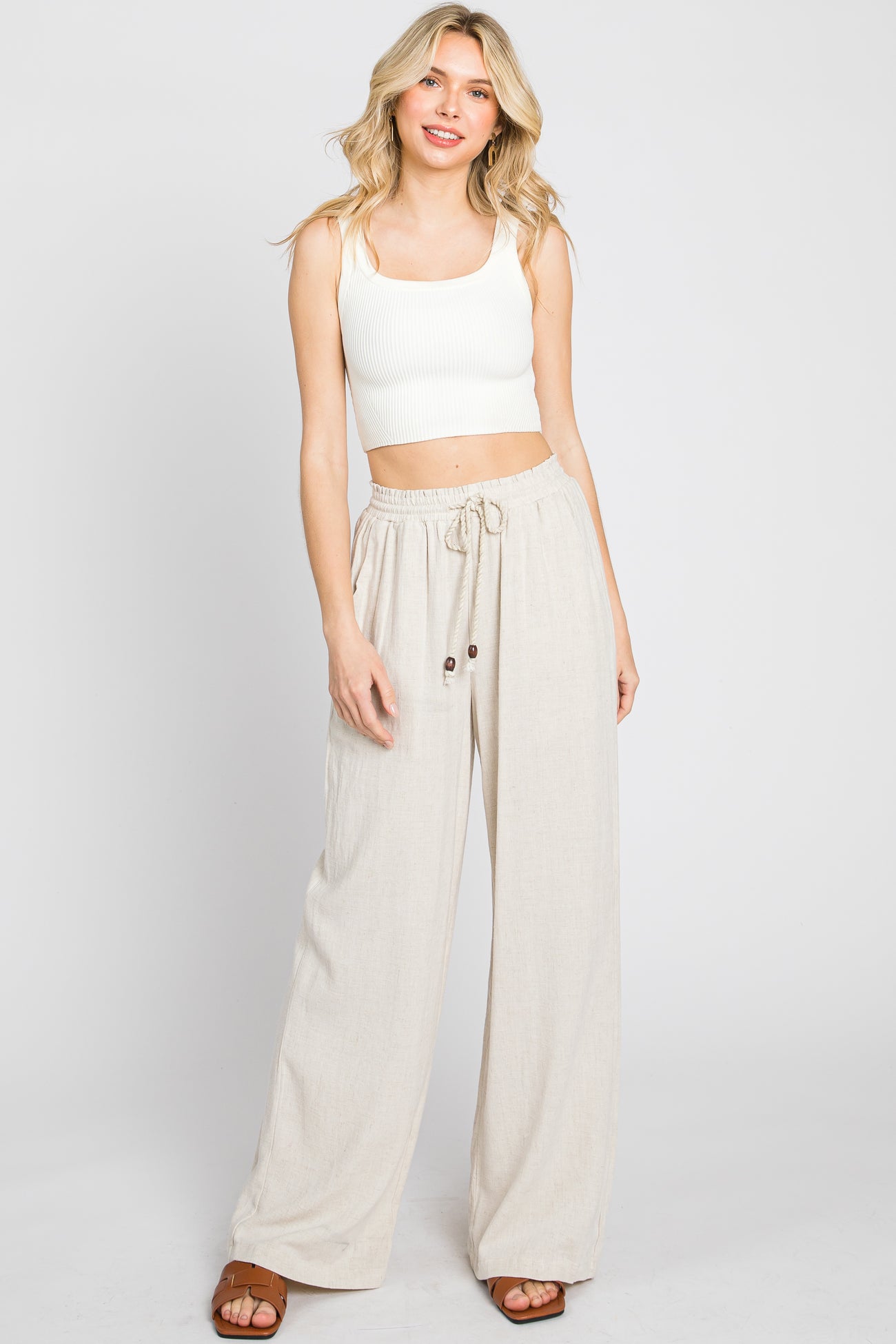 Beige Smocked Waist Wide Leg Pants– PinkBlush