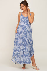 Blue Floral Round Hem Maternity Midi Dress