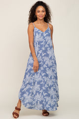 Blue Floral Round Hem Maternity Midi Dress