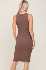 Brown Ribbed Sleeveless Midi Dress