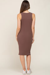 Brown Ribbed Sleeveless Maternity Midi Dress