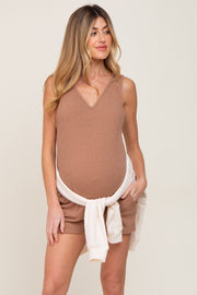 Mocha Ribbed V-Neck Sleeveless Maternity Romper