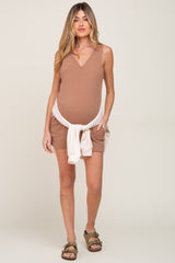 Mocha Ribbed V-Neck Sleeveless Maternity Romper