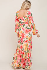 Ivory Floral Chiffon Smocked Off Shoulder Maxi Dress