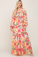 Ivory Floral Chiffon Smocked Off Shoulder Maxi Dress