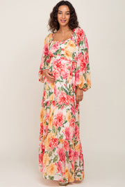 Ivory Floral Chiffon Smocked Off Shoulder Maternity Maxi Dress