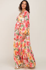 Ivory Floral Chiffon Smocked Off Shoulder Maternity Maxi Dress