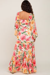 Ivory Floral Chiffon Smocked Off Shoulder Maternity Maxi Dress