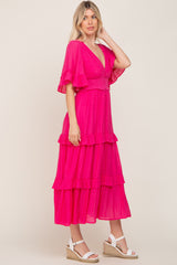 Fuchsia Button-Down Front Ruffle Tiered Maxi Dress