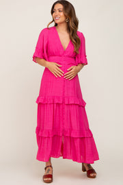 Fuchsia Button-Down Front Ruffle Tiered Maternity Maxi Dress