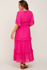 Fuchsia Button-Down Front Ruffle Tiered Maternity Maxi Dress