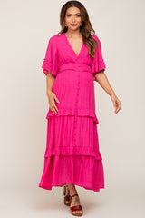 Fuchsia Button-Down Front Ruffle Tiered Maternity Maxi Dress